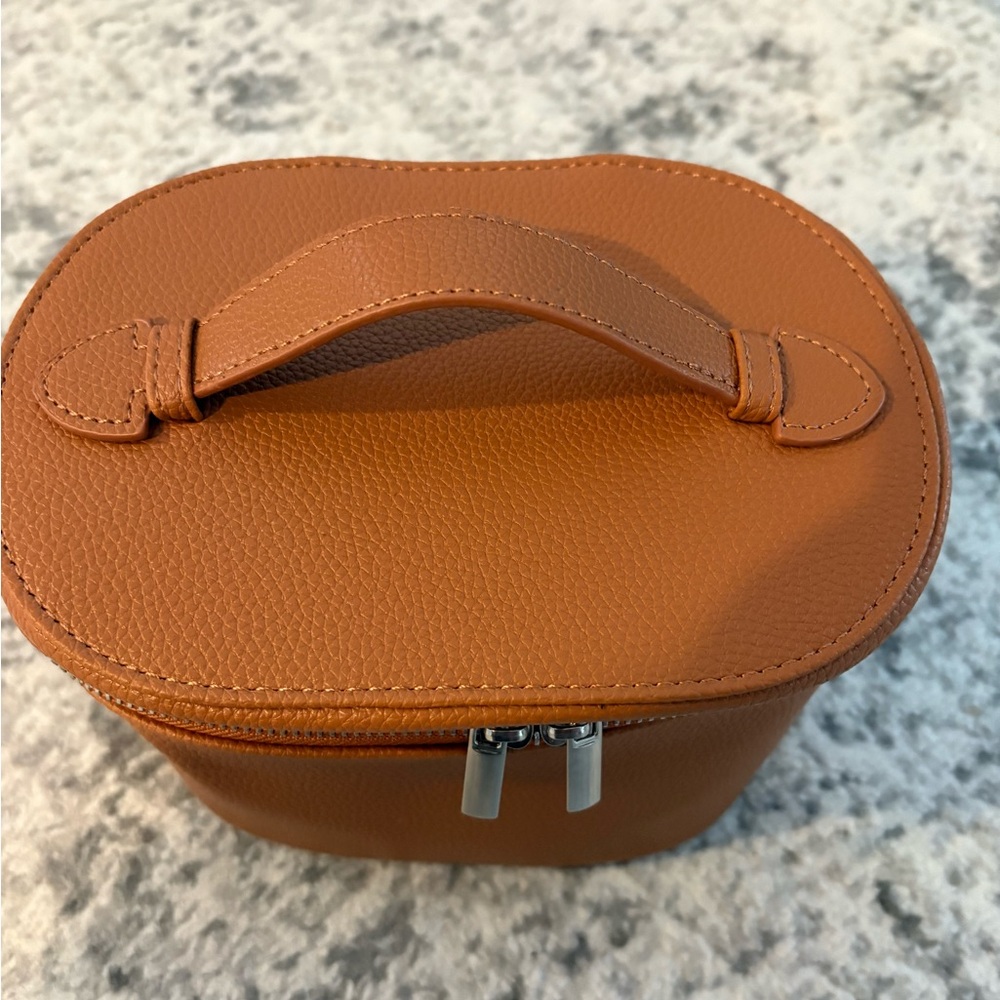 Tan PU Makeup Pouch with Silver Zipper